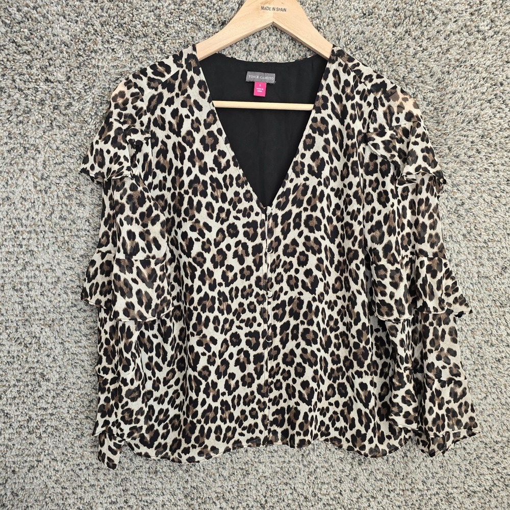 Vince Camuto Top Womens Small Brown Animal Print V Neck Blouse Ladies